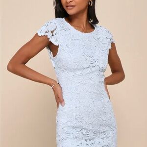 NWT lulu’s Romance Language Light Blue Backless Lace Dress